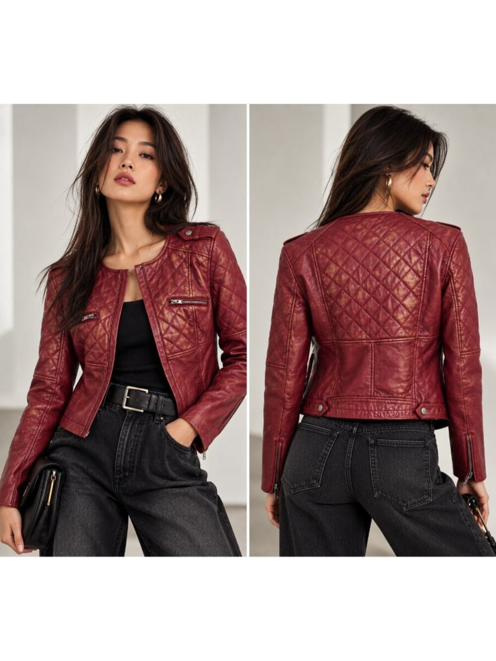 Comptoir des Cotonniers Women's Burgundy Bronze Lambskin Moto Jacket M
